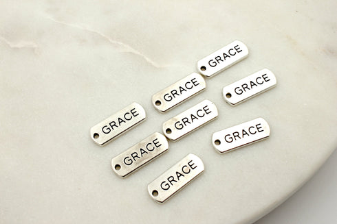 grace charm, rectangle charm, silver charms, grace charm, grace, mixed metal, 21mm x 8mm, hole 1.8mm, sold as 5 pieces.